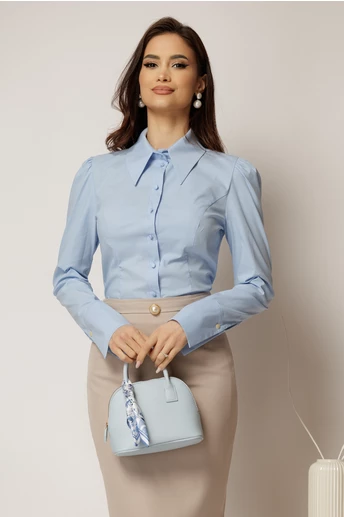 Camasa DY Fashion bleu din poplin cu manseta cu butoniera
