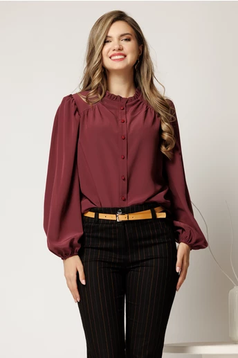 Camasa DY Fashion burgundy din voal plin cu guler incretit