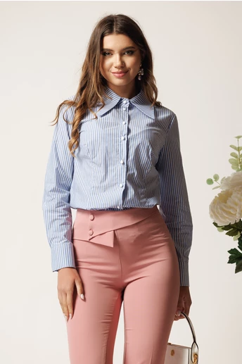 Camasa DY Fashion cu dungi si flori albastre din bumbac cu guler supradimensionat