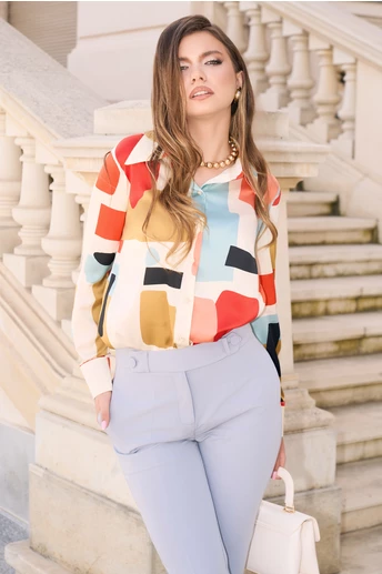 Camasa DY Fashion din satin ivory cu imprimeu geometric