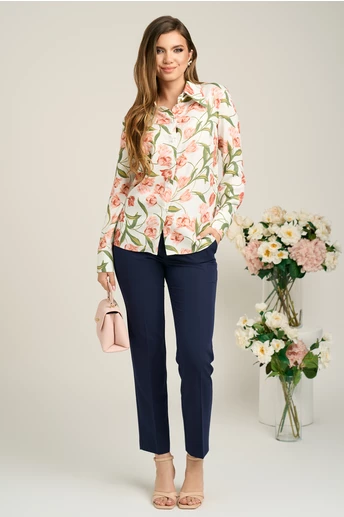 Camasa DY Fashion din viscoza alba cu imprimeu floral roz