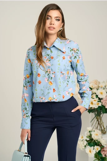 Camasa DY Fashion din viscoza bleu cu imprimeu floral