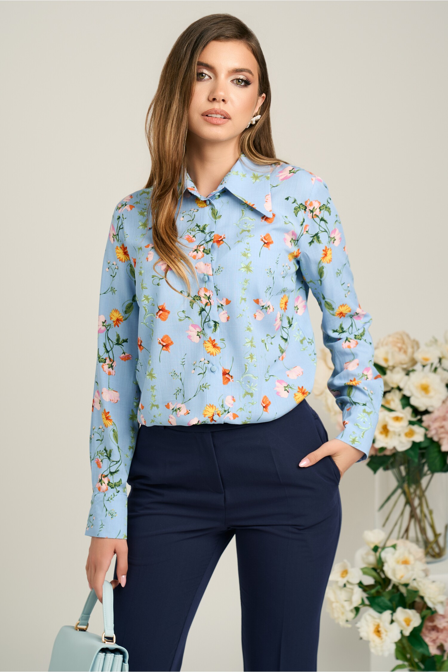Camasa DY Fashion din viscoza bleu cu imprimeu floral