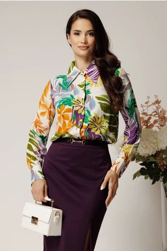 Camasa DY Fashion din viscoza ivory cu print mov si verde