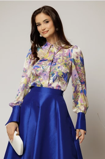 Camasa DY Fashion din voal cu imprimeuri mov si mansete in contrast
