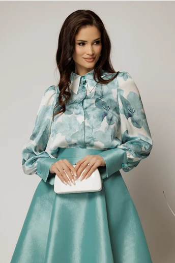 Camasa DY Fashion din voal cu imprimeuri turcoaz si mansete in contrast