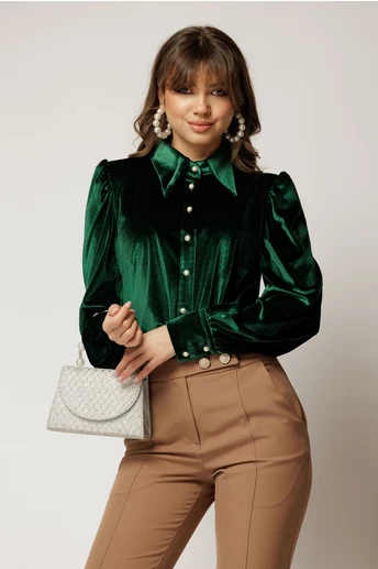 Camasa DY Fashion eleganta din catifea verde cu nasturi perlati
