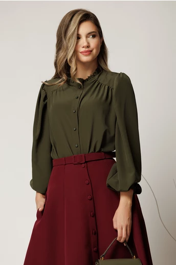 Camasa DY Fashion kaki din voal plin cu guler incretit