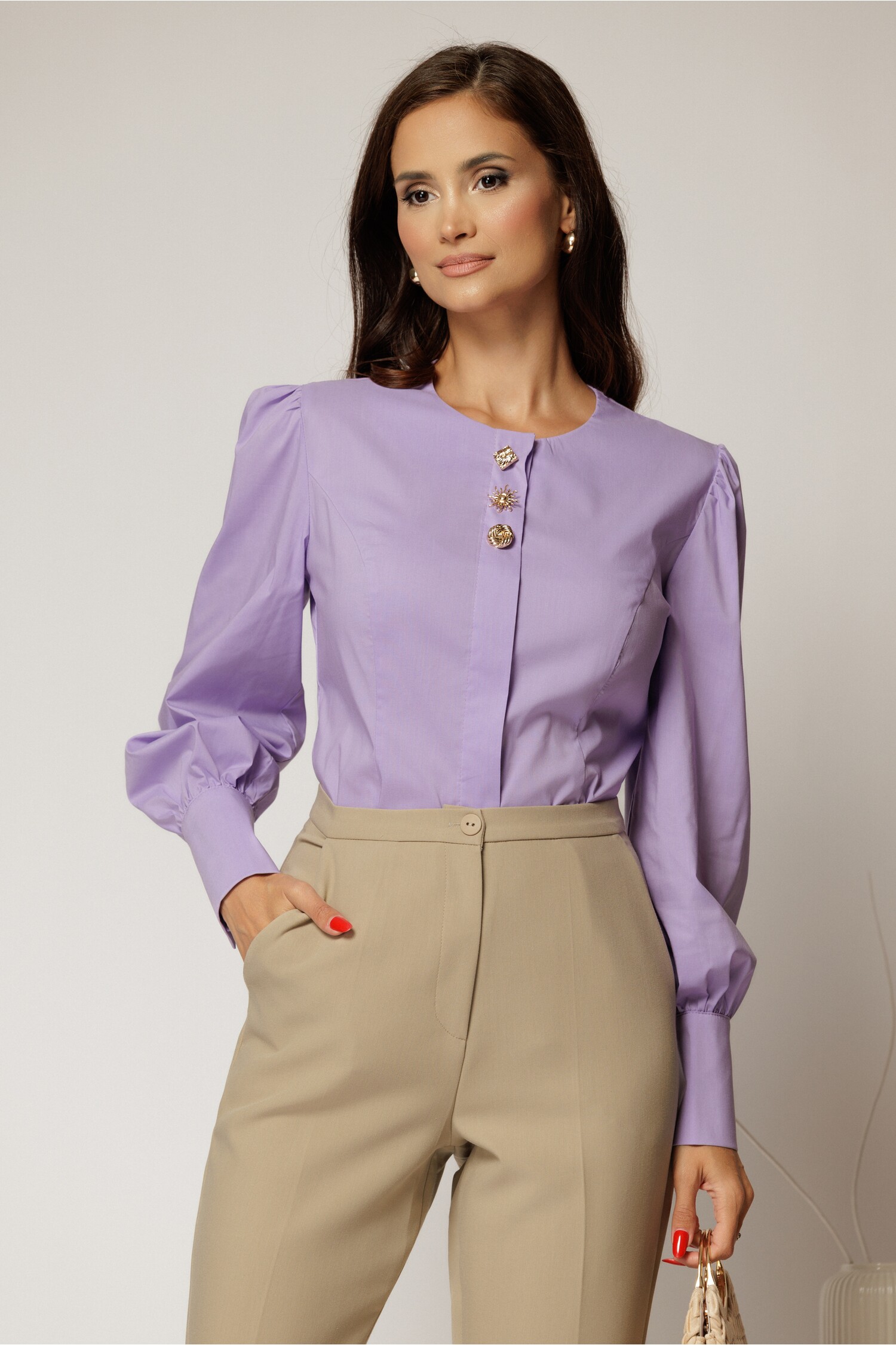 Camasa DY Fashion lila din poplin cu croi cambrat si nasturi decorativi