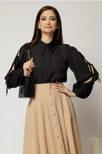 Camasa DY Fashion neagra cu funde pe maneci cu adaos de rayon