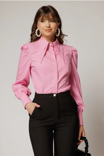 Camasa DY Fashion roz din poplin cu guler dublu si croi cambrat