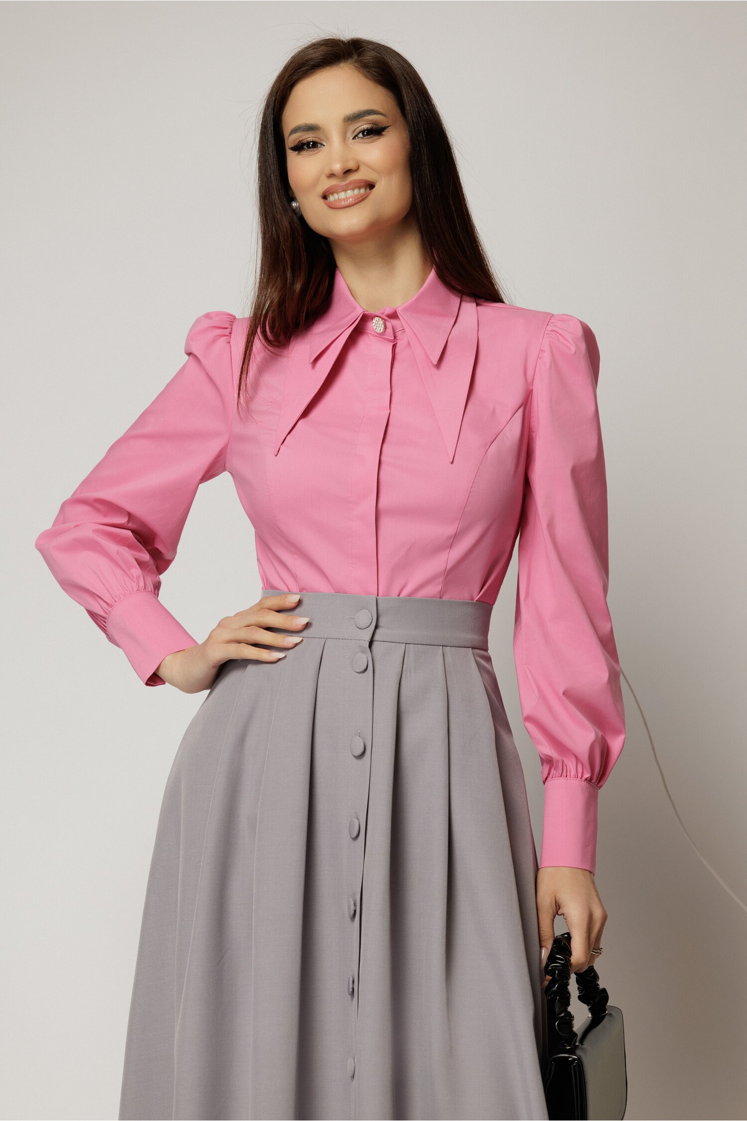 Camasa DY Fashion roz din poplin cu guler dublu si croi cambrat