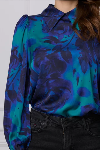 Camasa Dy Fashion turcoaz cu imprimeu albastru din voal satinat
