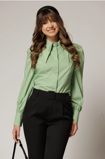 Camasa DY Fashion vernil din poplin cu guler dublu si croi cambrat