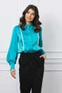 Camasa eleganta turcoaz din satin cu broderie si nasture perlat