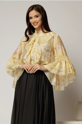 Camasa galbena cu imprimeuri florale si volanase la maneci si bust