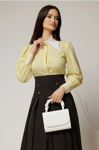 Camasa galbena din poplin cu guler ascutit si mansete cu dantela
