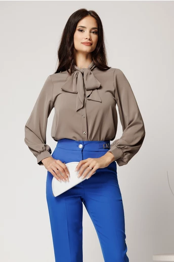 Camasa gri din triplu voal cu guler tip esarfa