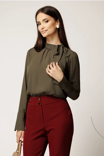 Camasa kaki din voal lejera cu funda la guler