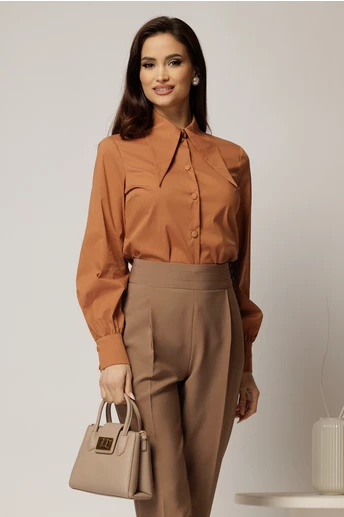 Camasa maro din poplin cu croi cambrat si guler ascutit