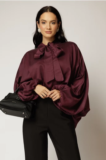 Camasa mov din tencel cu maneca ampla si guler tip esarfa