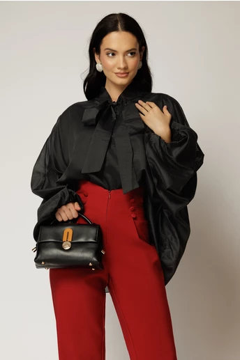 Camasa neagra din tencel cu maneca ampla si guler tip esarfa