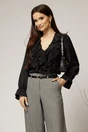 Camasa neagra din voal cu volanase la bust si decolteu adanc, 1, dyfashion.ro