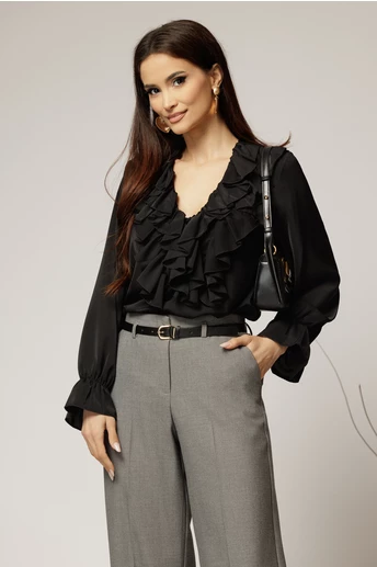 Camasa neagra din voal cu volanase la bust si decolteu adanc