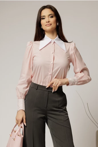 Camasa roz din poplin cu guler ascutit si mansete cu dantela