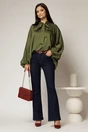 Camasa verde olive din tencel cu maneca ampla si guler tip esarfa, 3, dyfashion.ro