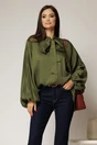 Camasa verde olive din tencel cu maneca ampla si guler tip esarfa, 1, dyfashion.ro