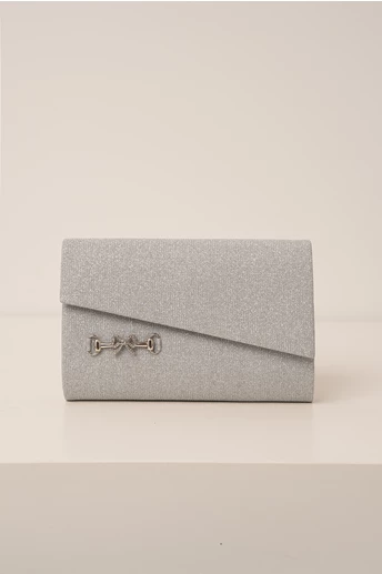 Clutch argintiu cu glitter si accesoriu fundita