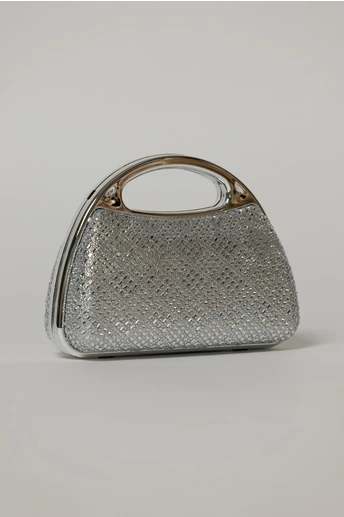 Clutch argintiu cu pietre stralucitoare si maner metalic