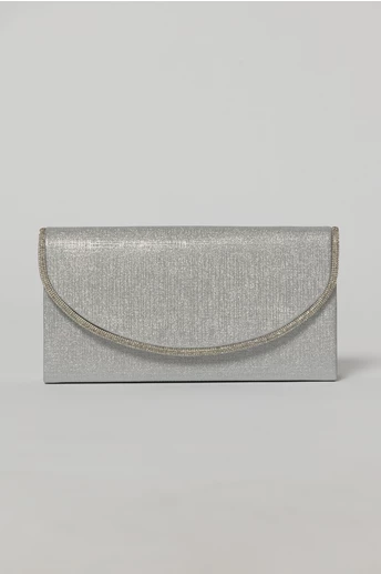 Clutch argintiu elegant cu clapeta curbata decorata cu strasuri