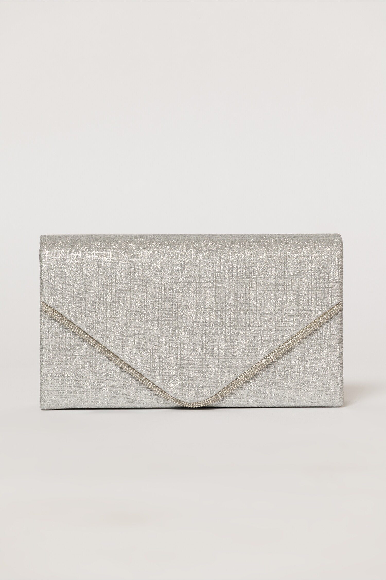 Clutch argintiu elegant cu clapeta decorata cu strasuri