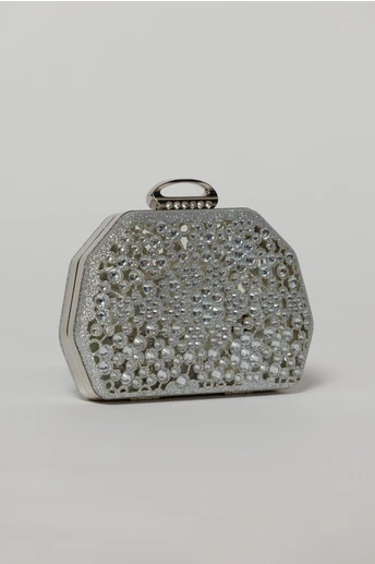 Clutch argintiu elegant metalic cu strasuri si pietre decorative
