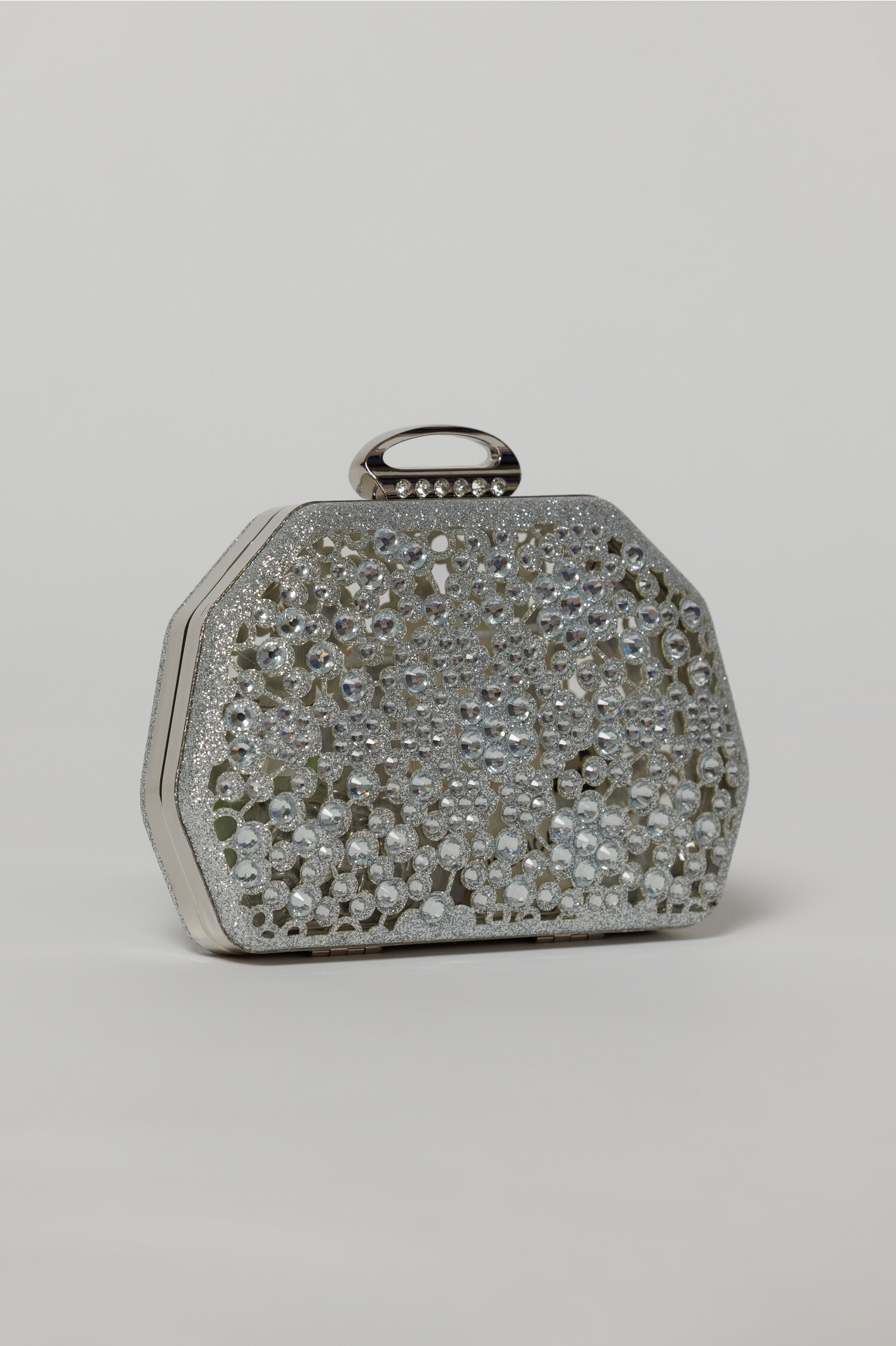 Clutch argintiu elegant metalic cu strasuri si pietre decorative