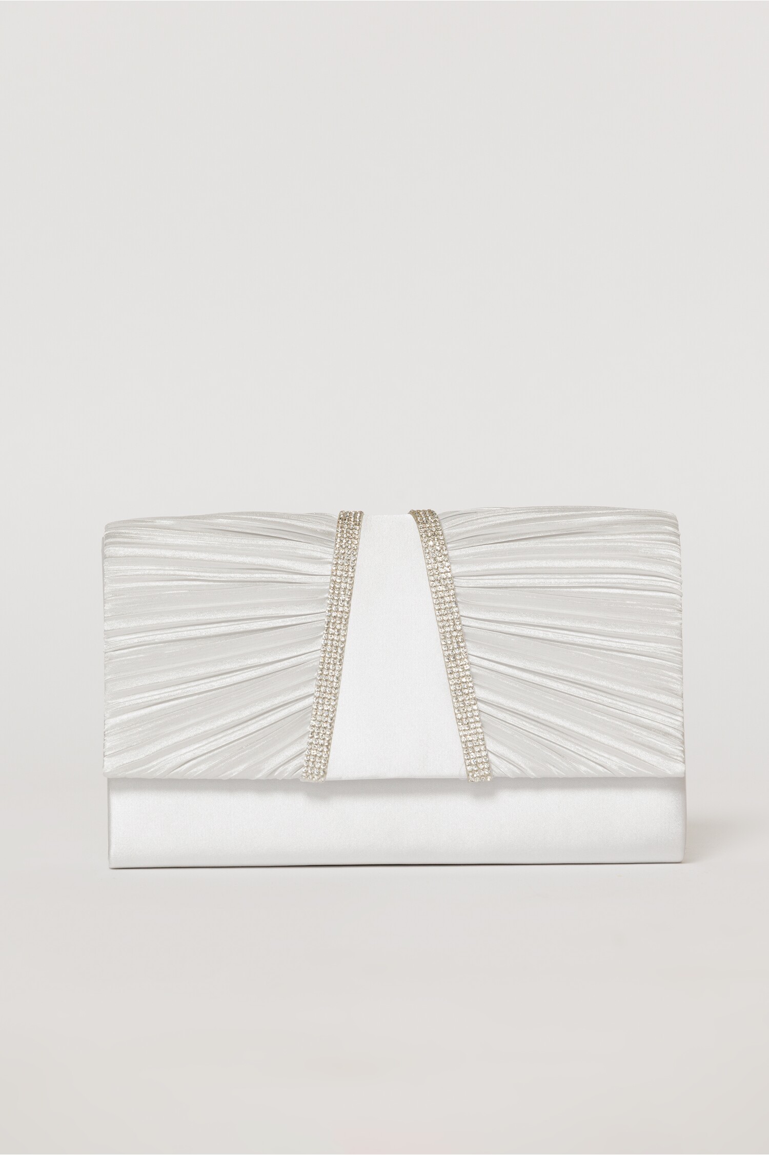 Clutch argintiu satinat decorat cu benzi stralucitoare