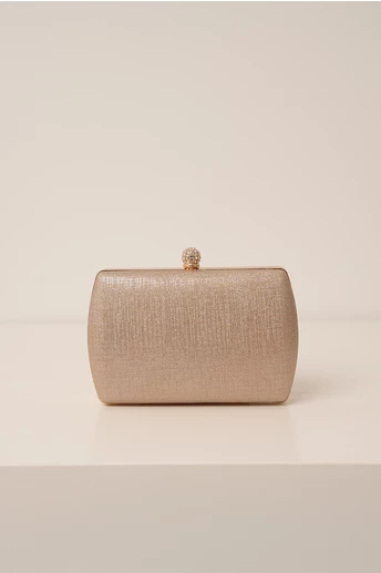 Clutch auriu cu fir lurex si inchidere metalica cu strasuri