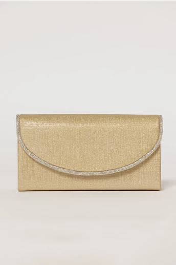Clutch auriu elegant cu clapeta curbata decorata cu strasuri
