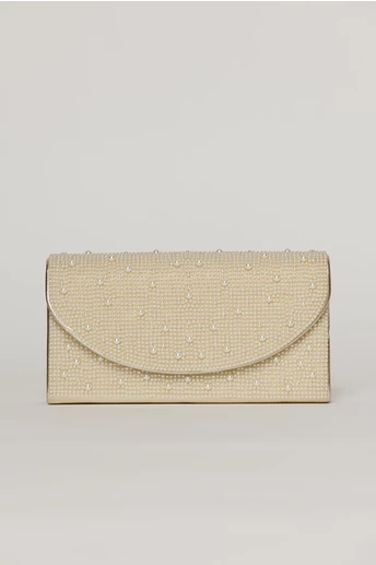 Clutch auriu metalizat cu clapeta curbata si decoratii aplicate