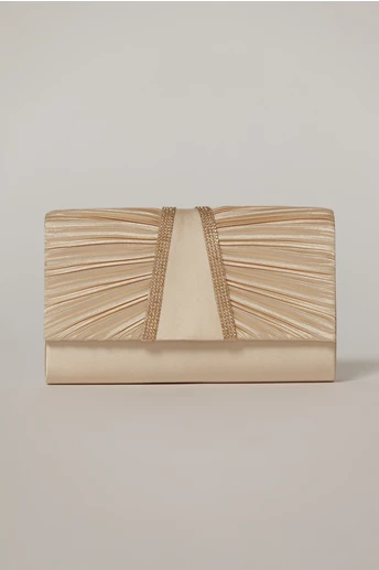 Clutch bej satinat decorat cu benzi stralucitoare