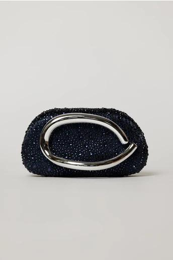 Clutch bleumarin cu design modern stralucitor si maner metalic