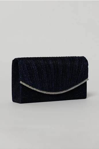 Clutch bleumarin elegant cu clapeta curbata si detalii plisate
