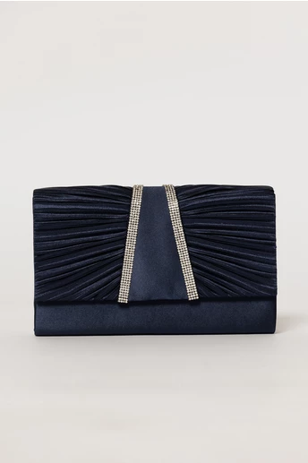 Clutch bleumarin satinat decorat cu benzi stralucitoare
