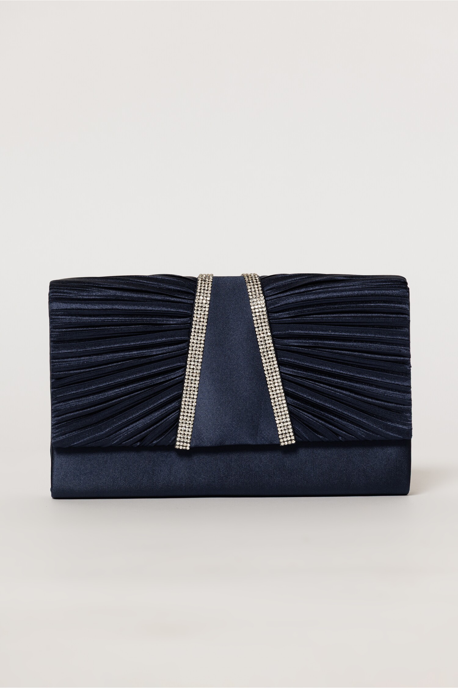 Clutch bleumarin satinat decorat cu benzi stralucitoare