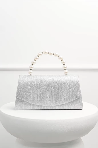 Clutch elegant argintiu cu glitter si maner din perle