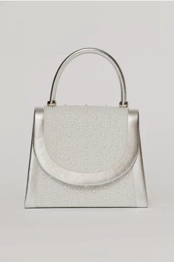 Clutch elegant argintiu decorat cu perle si margele