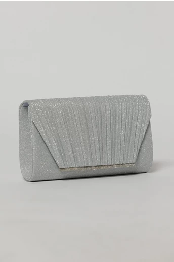 Clutch elegant argintiu din lurex si detalii plisate