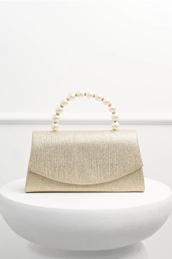 Clutch elegant auriu cu glitter si maner din perle
